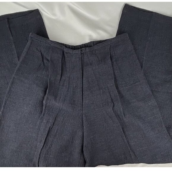 Eileen Fisher Dark Blue Lightweight Viscose Linen Wide Leg Pants L Button Crepe - Picture 1 of 5